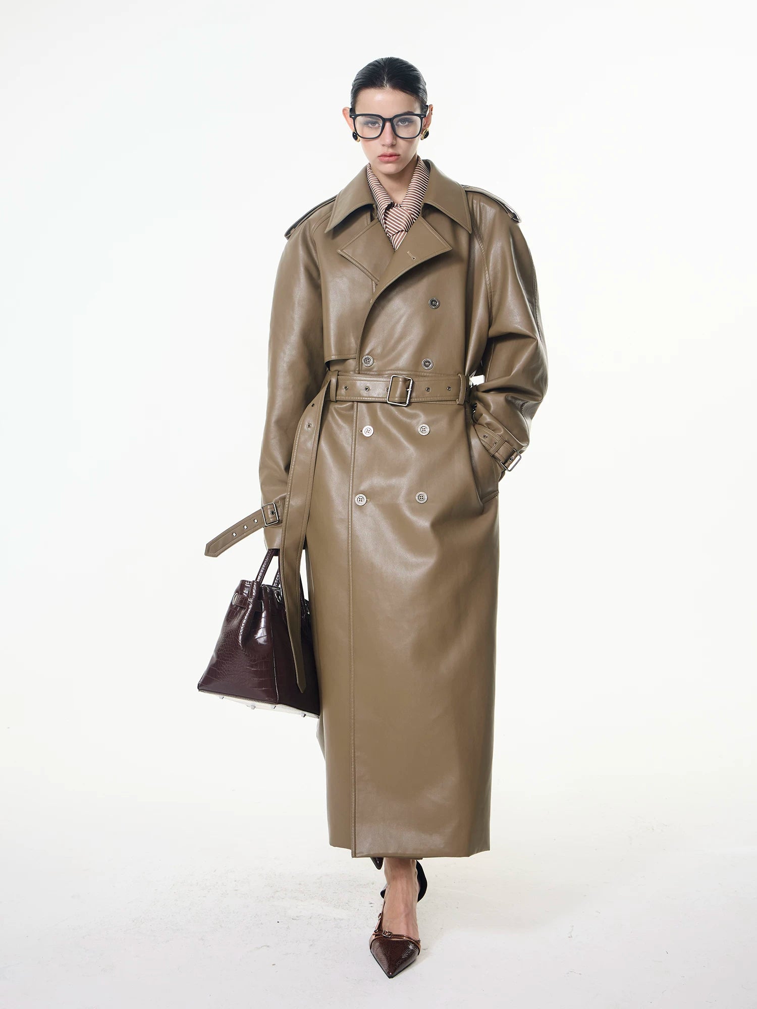 【26s May】Deconstructed PU Leather Double-Breasted Trench Coat