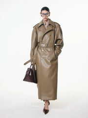 【26s May】Deconstructed PU Leather Double-Breasted Trench Coat