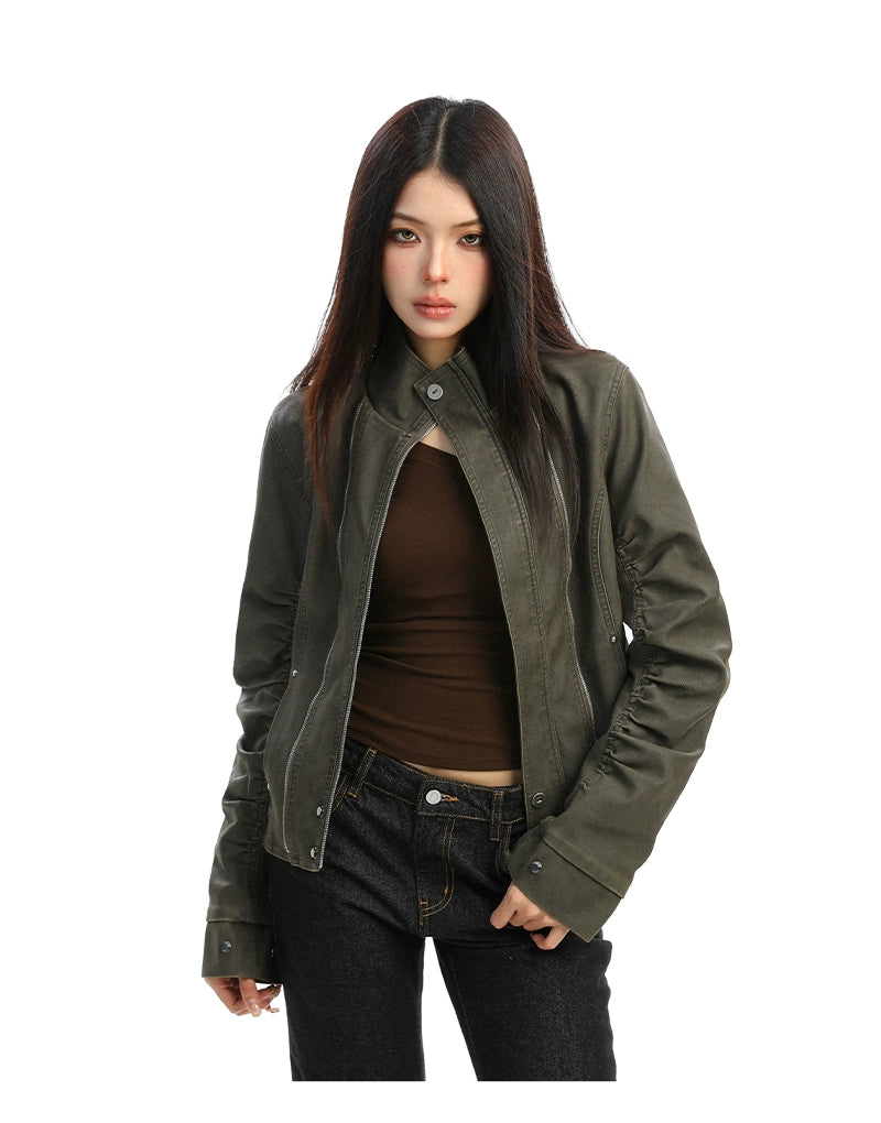 【25s Dec.】Washed Distressed Stand-up Collar Deconstructed Leather Jacket