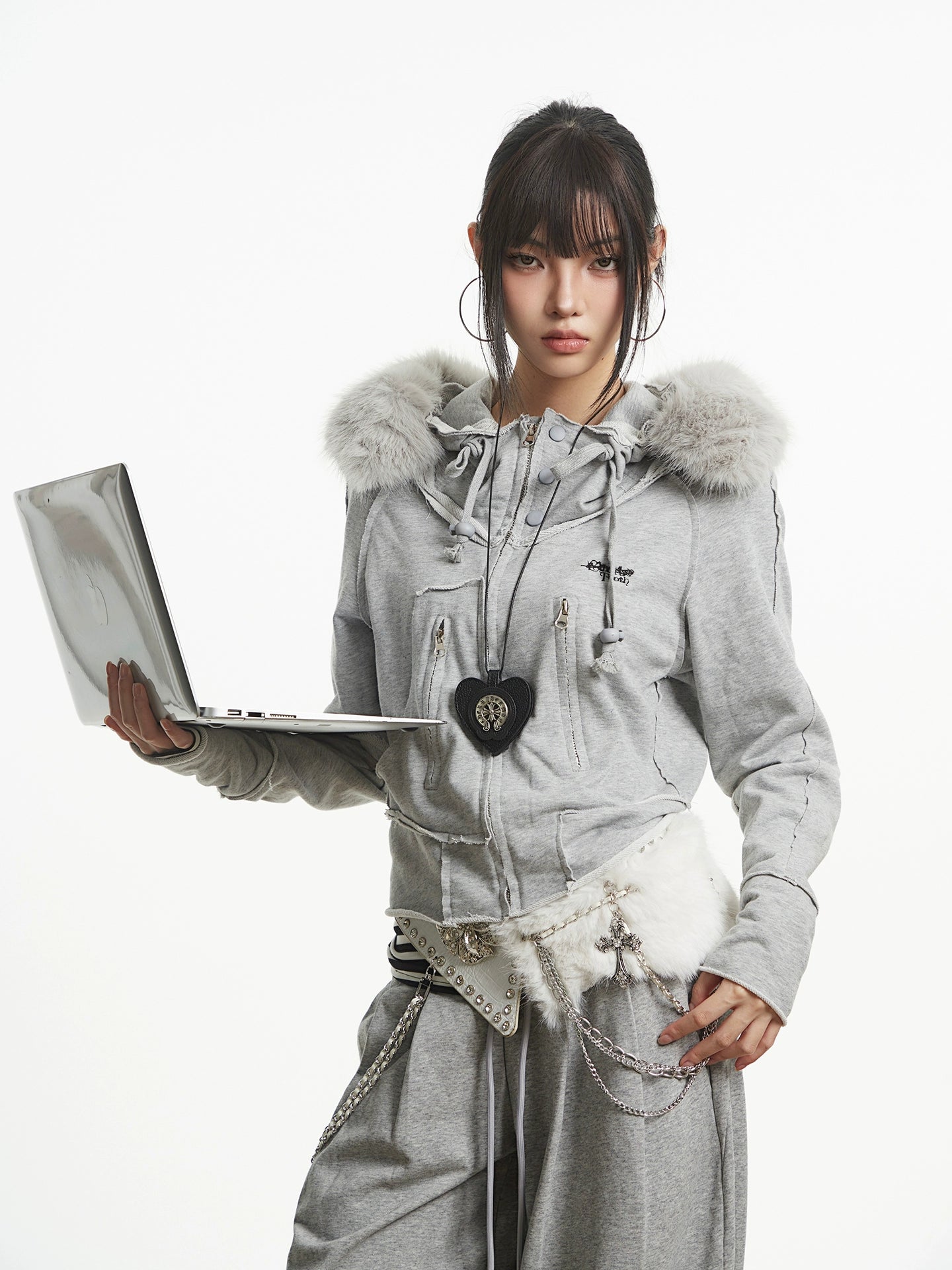 【25s Oct.】Vintage Grey Fur Collar Hooded Sweatshirt