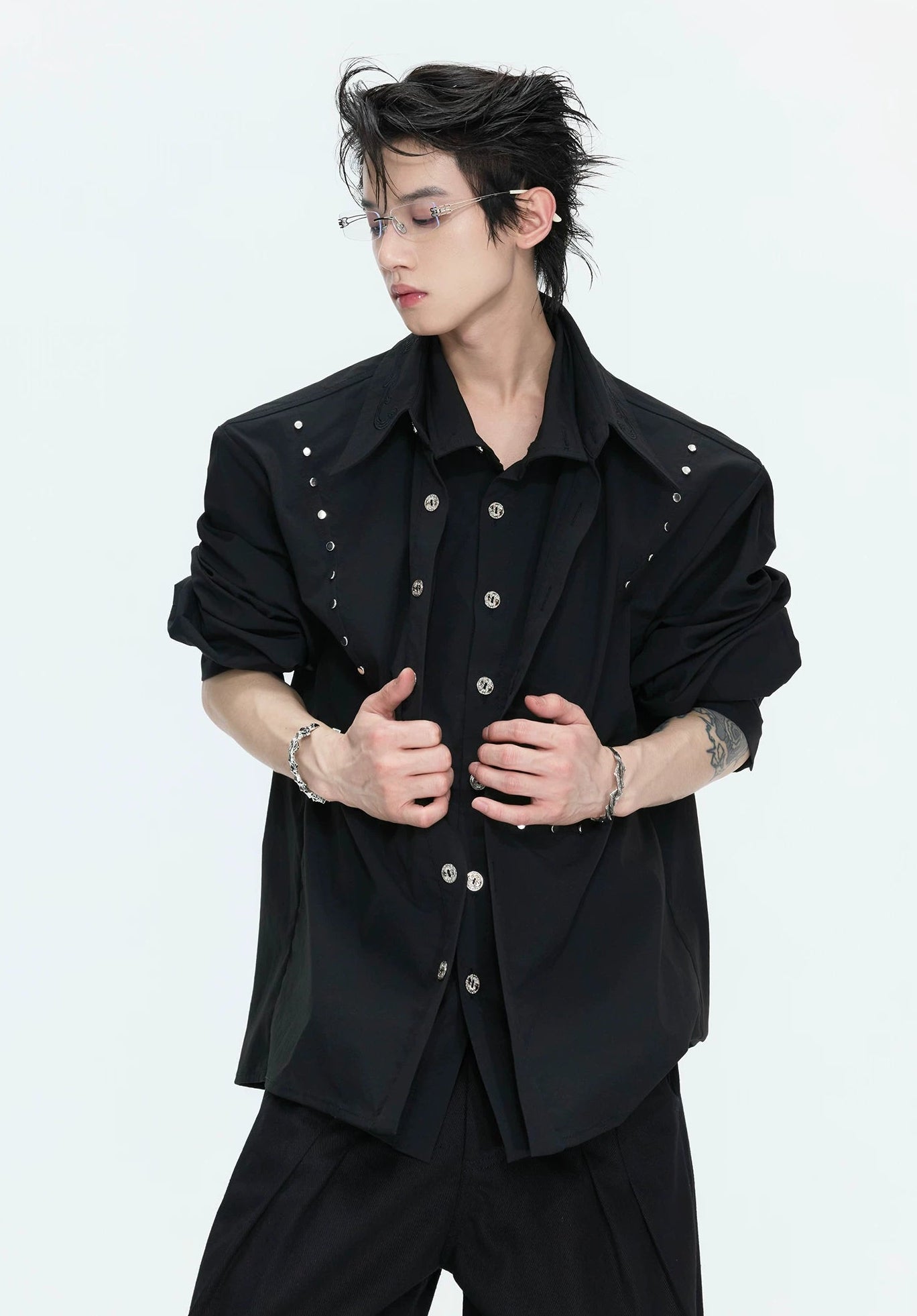 【26s May】Linen Blend Layered Studded Embroidered Shirt