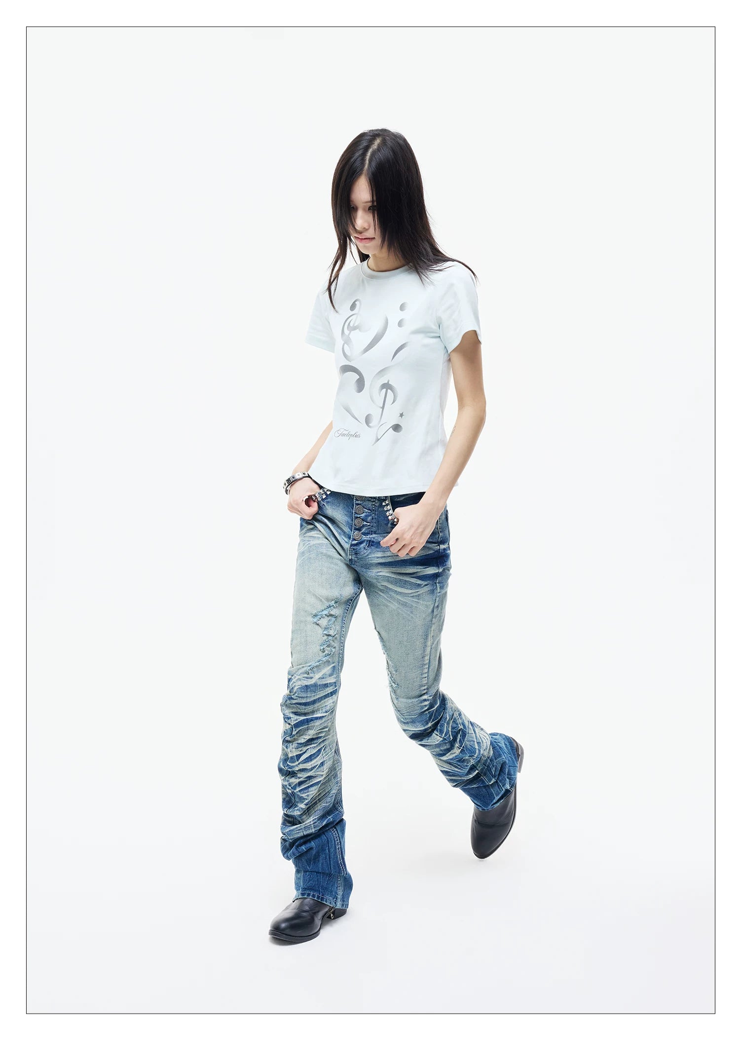 Ice Blue Studded Curved Skinny Jeans