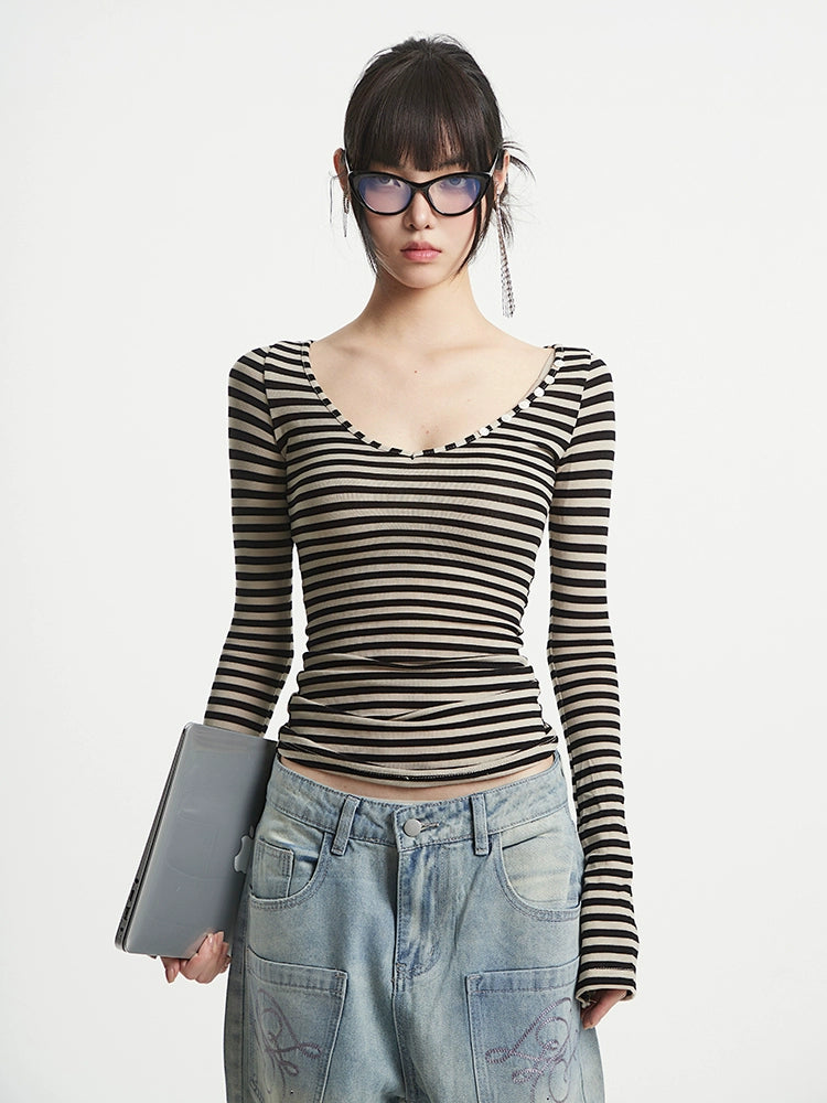 【25s Aug.】Vintage Striped V-Neck Long Sleeve Shirt