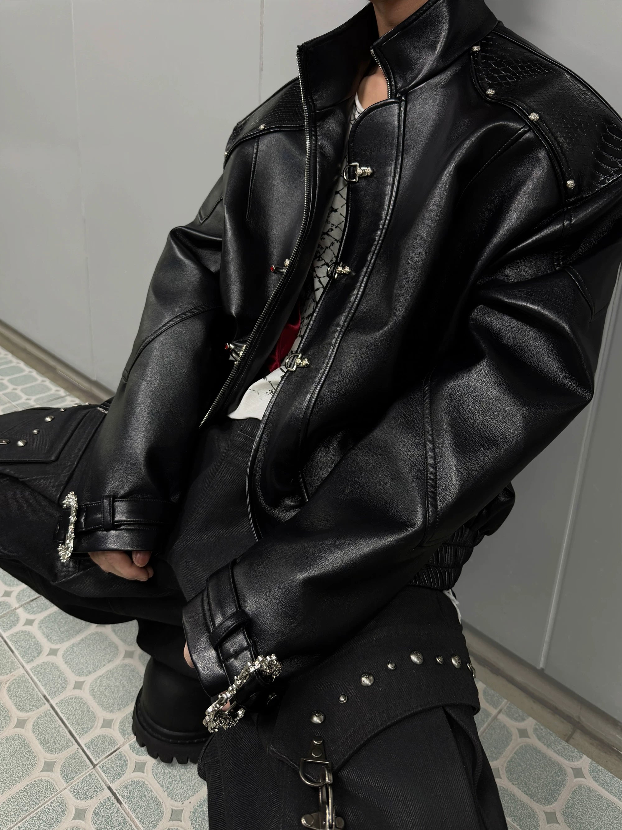 【26s Mar.】Snake-Embossed Aviator Leather Jacket