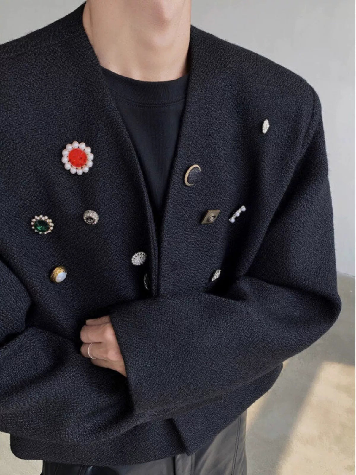 Black Collarless Button-Detail Cropped Jacket