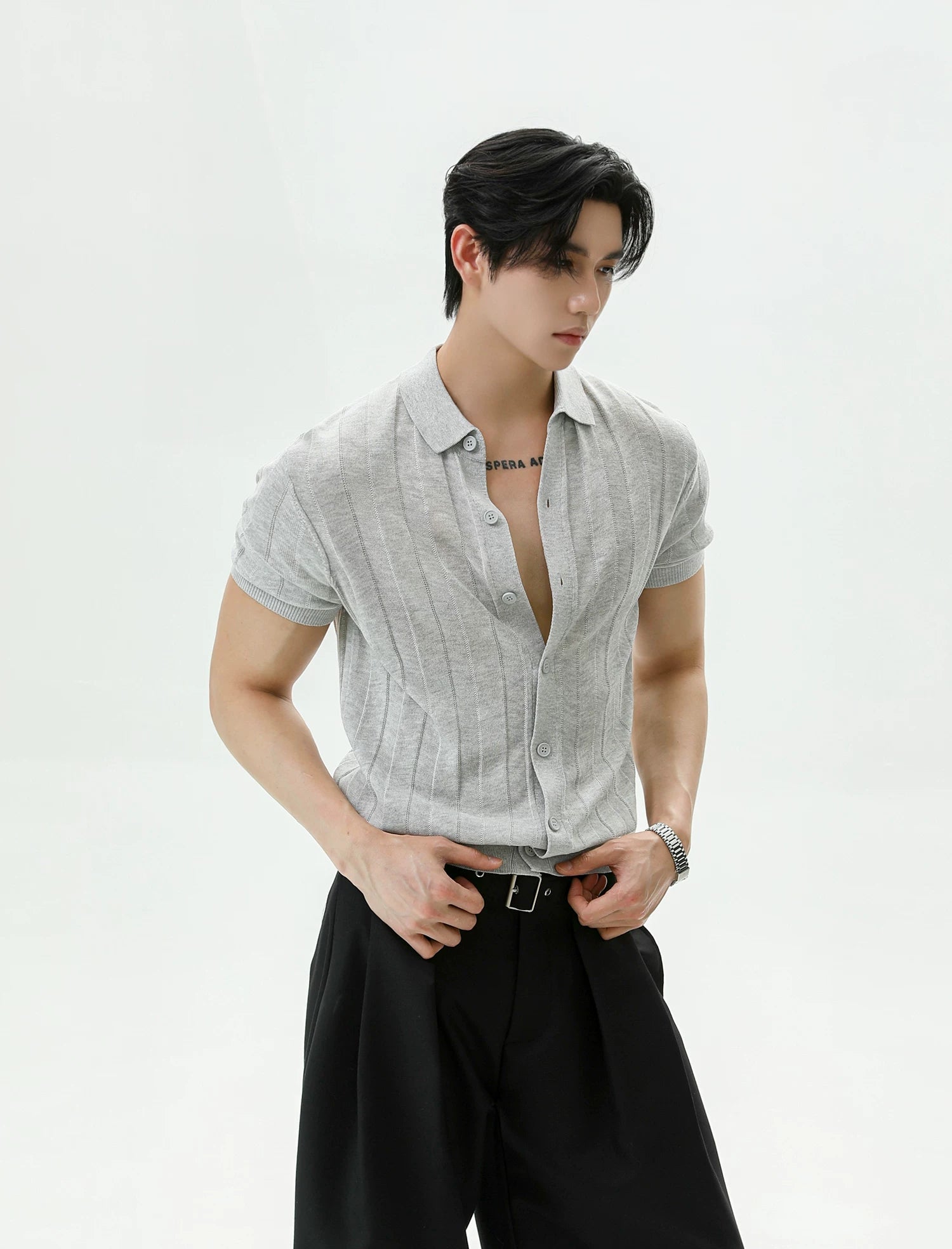 Ribbed Lyocell Knit Polo Cardigan