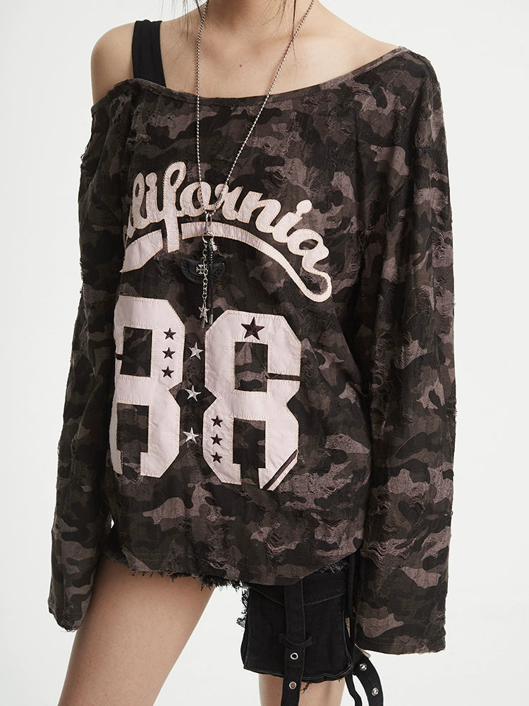 【25s Aug.】Camo Slanted Off-Shoulder Long Sleeve