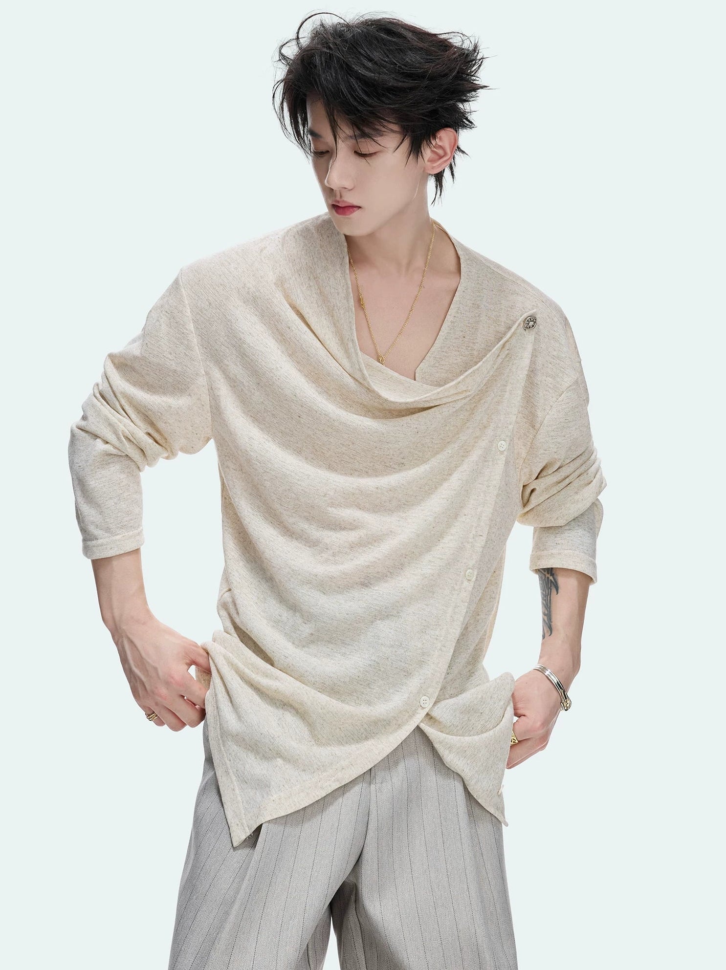 Textured Asymmetric Button Long Sleeve Top