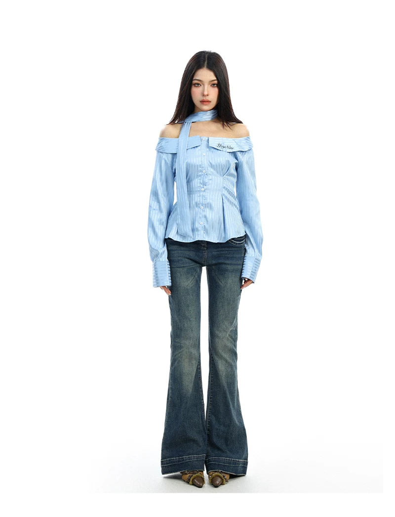 【26s Feb.】Korean Striped Off-Shoulder Waist-Fit Long-Sleeve Shirt