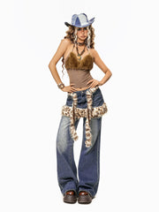 【26s Jan.】Leopard Faux-Layer Fur Panel Wide-Leg Denim Pants