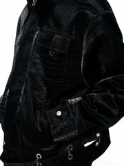 【25s Aug.】Metal-Panel Cropped Croc Leather Jacket