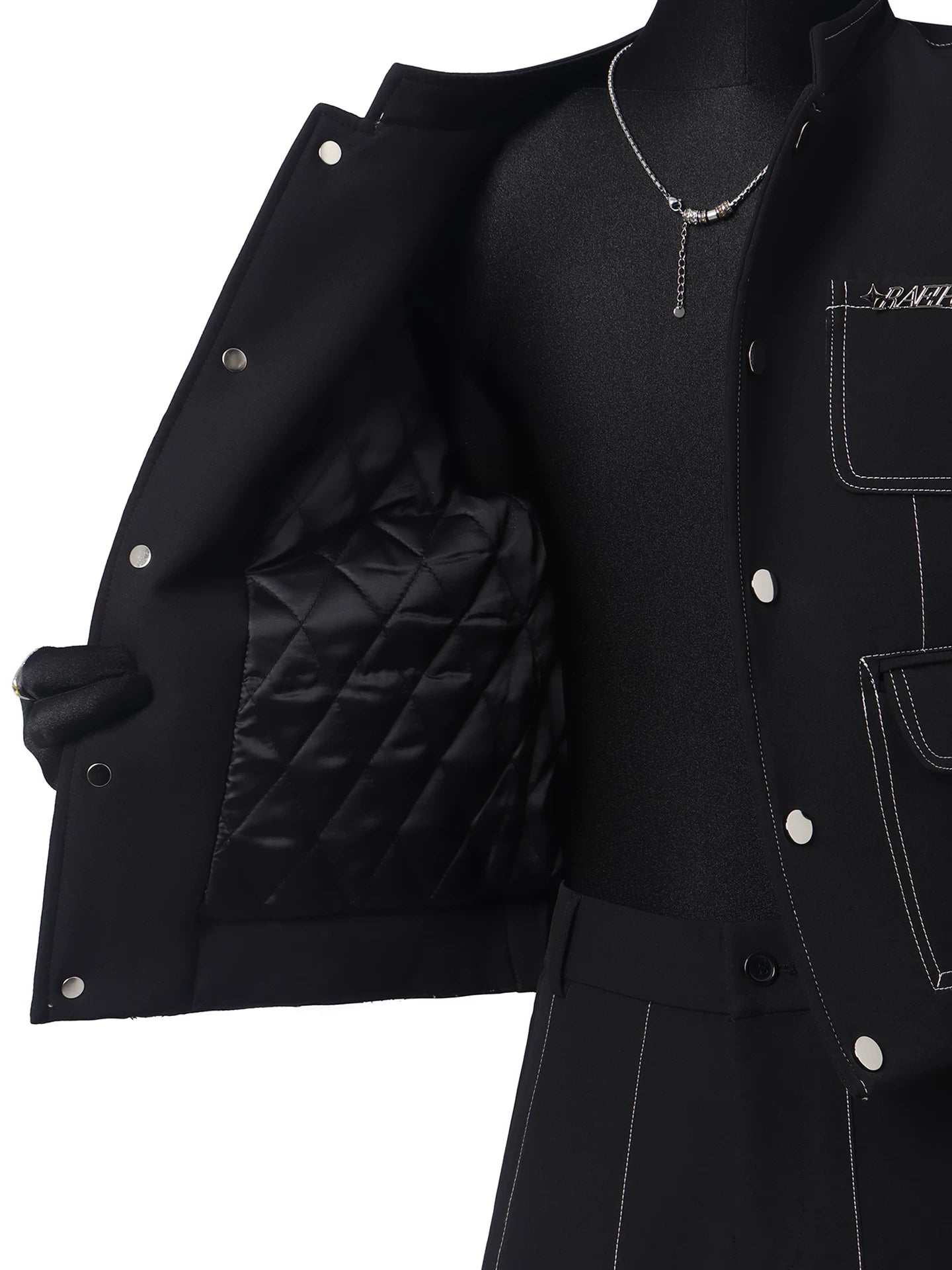 Black Contrast-Stitch Stand Collar Suit
