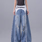 【25s Jul.】Lace Overlay Distressed Blade-Cut Wide Floor Jeans