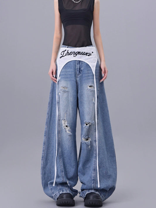 【25s Jul.】Lace Overlay Distressed Blade-Cut Wide Floor Jeans