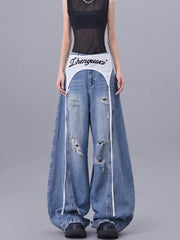 【25s Jul.】Lace Overlay Distressed Blade-Cut Wide Floor Jeans