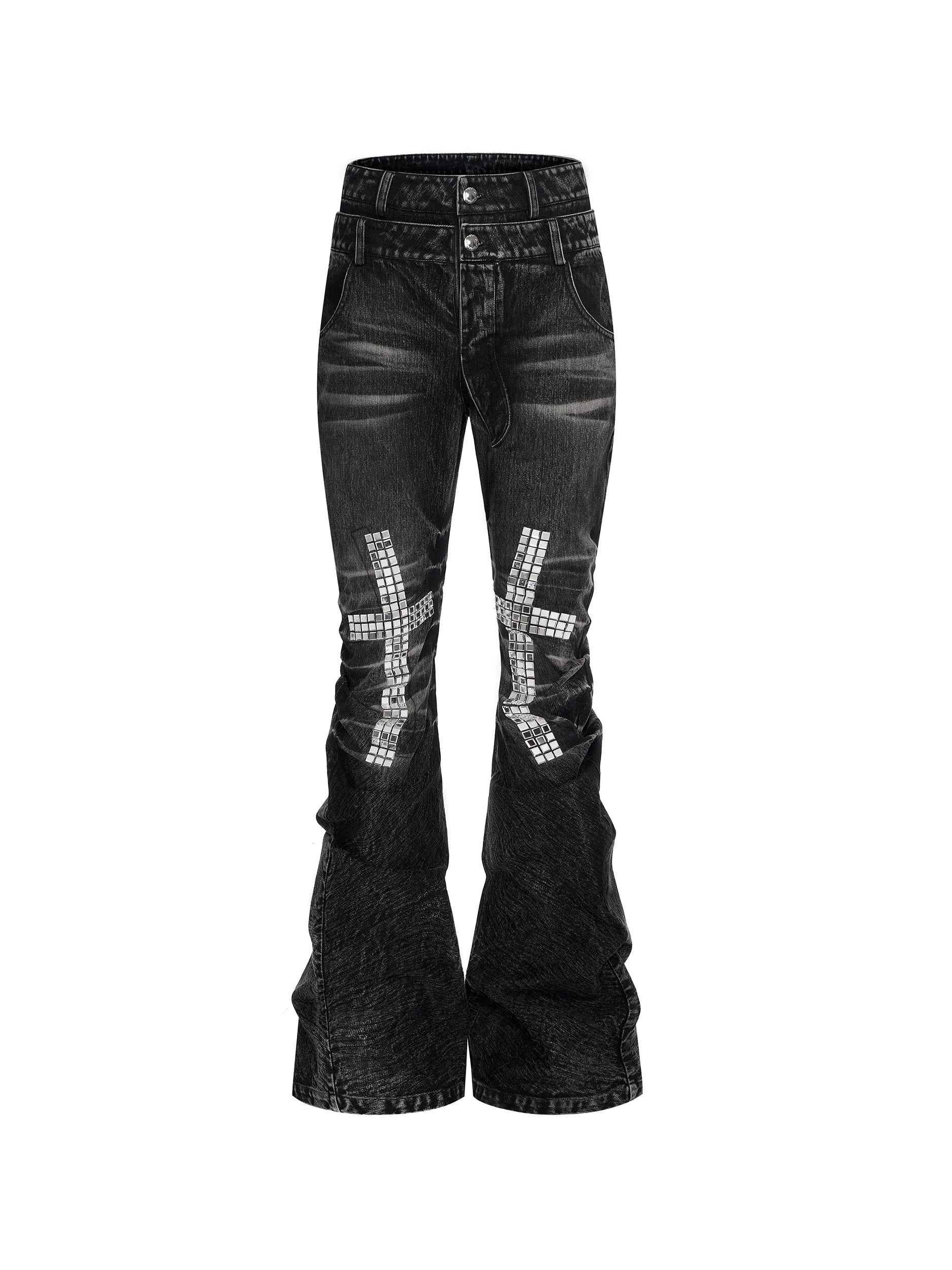 【26s Jan.】Rhinestone Cross Double-waisted Flared Jeans