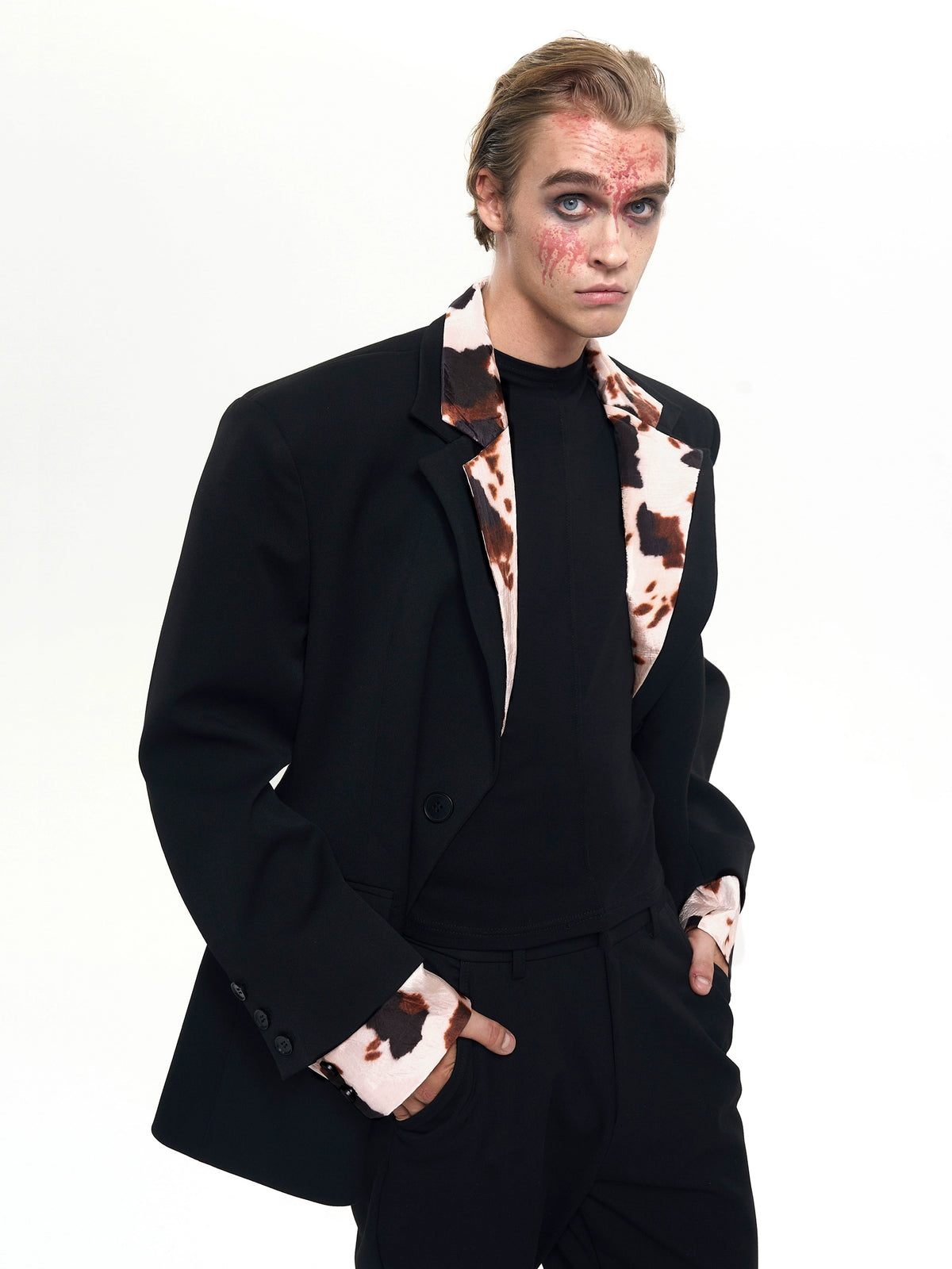 【25s Aug.】Structured Black Blazer with Cow Print Layer Detail