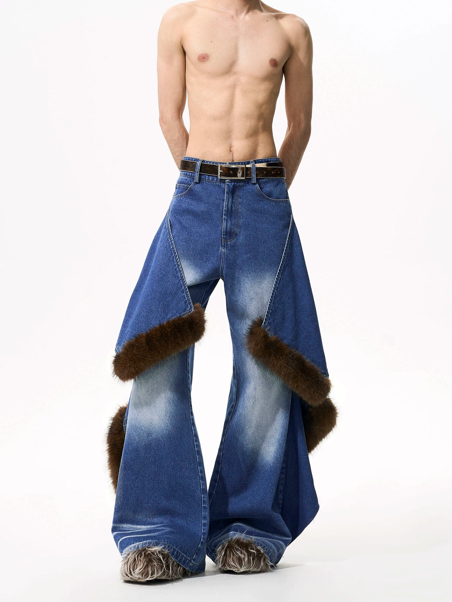 【25s Oct.】Plush Patchwork Denim Distressed Design Jacket / Jeans