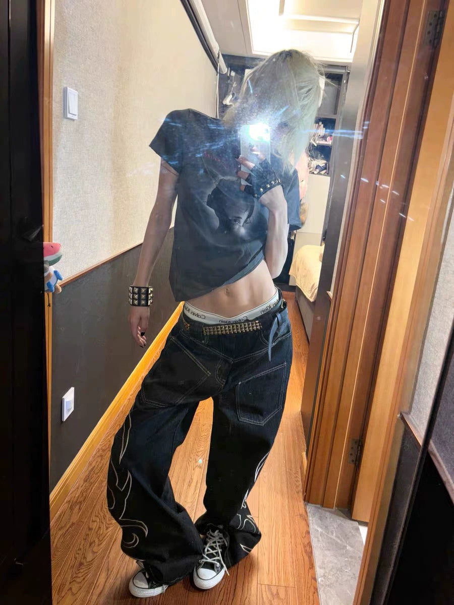 【25s Aug.】Snake Embroidered Wide-Leg Raw Denim Jeans