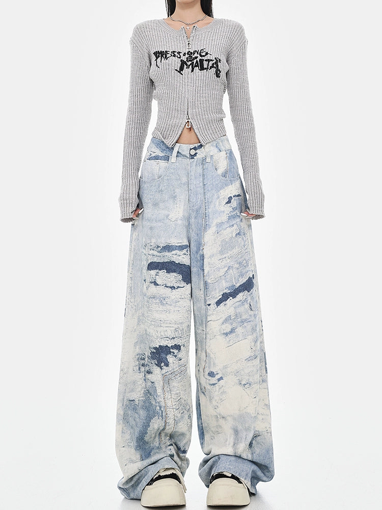 【25s Jul.】High-Waist Washed Tie-Dye Wide Jeans