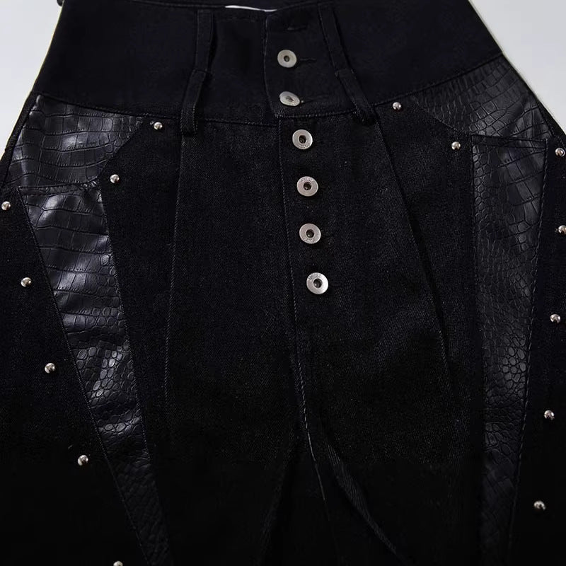 Studded Patchwork Washed Wide-Leg Denim Pants