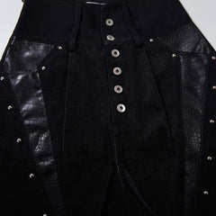 Studded Patchwork Washed Wide-Leg Denim Pants