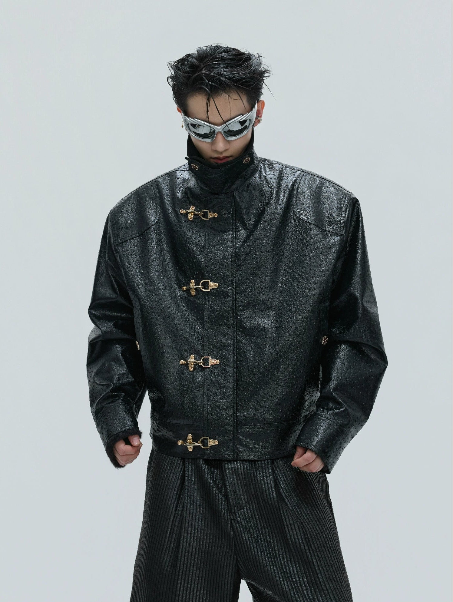 【25s Nov.】Ostrich Leather Aircraft Button Plush Leather Jacket