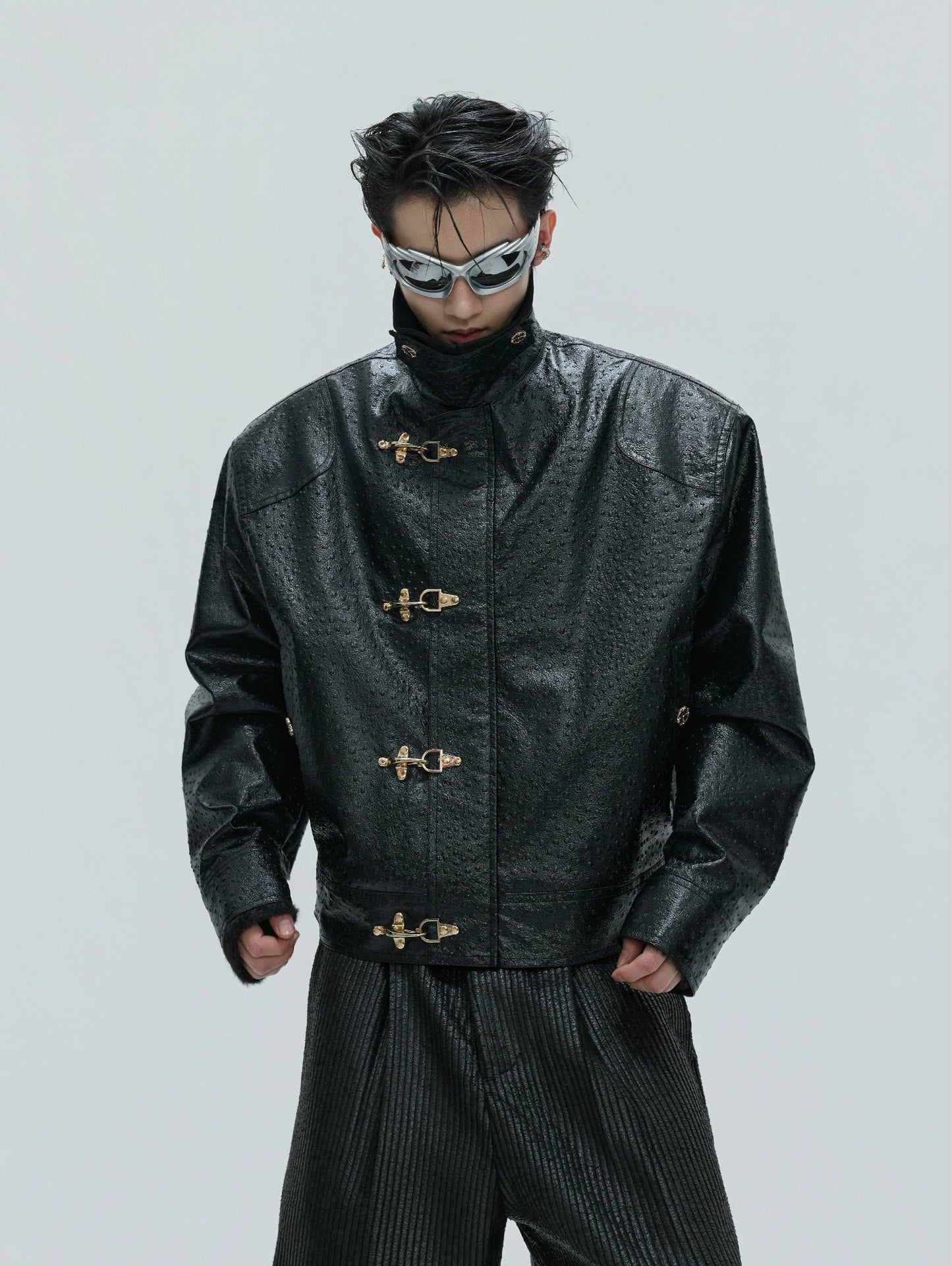 【25s Nov.】Ostrich Leather Aircraft Button Plush Leather Jacket