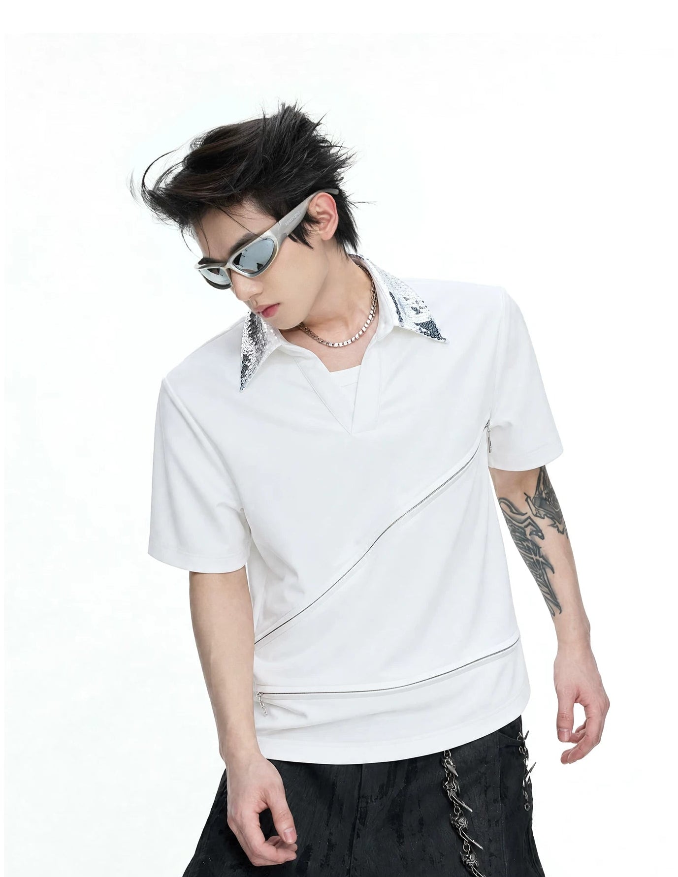 Asymmetric Zip Sequin Polo Tee