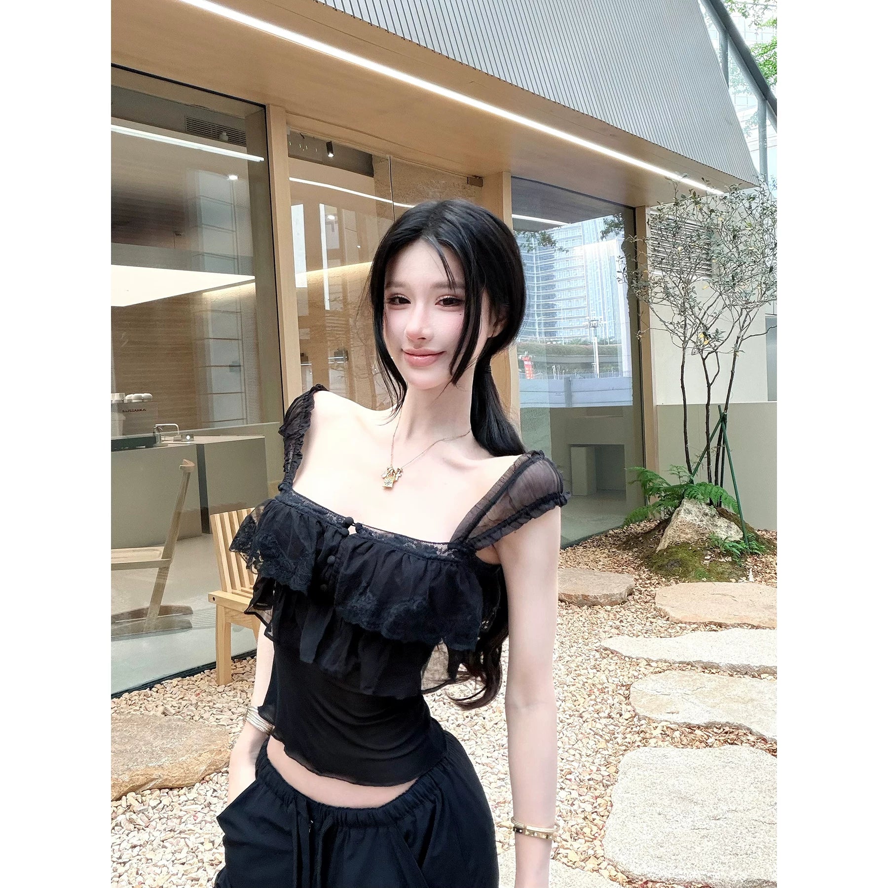【26s May】Lace Ruffle Chiffon Bandeau Cami Top