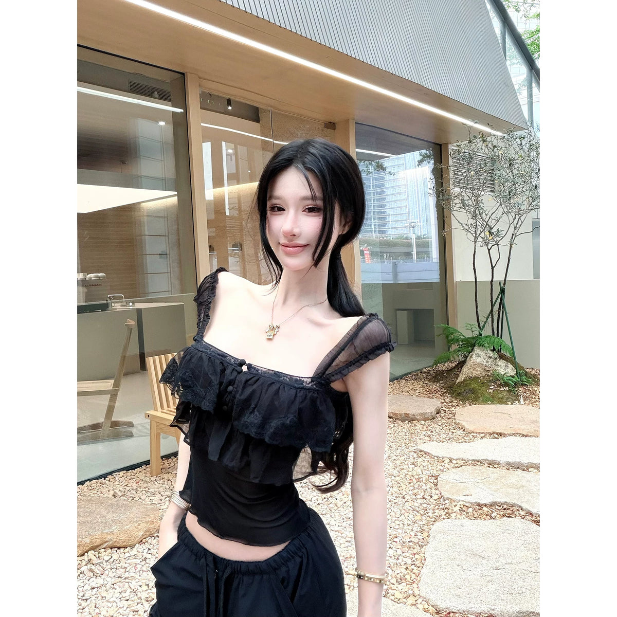 【26s May】Lace Ruffle Chiffon Bandeau Cami Top