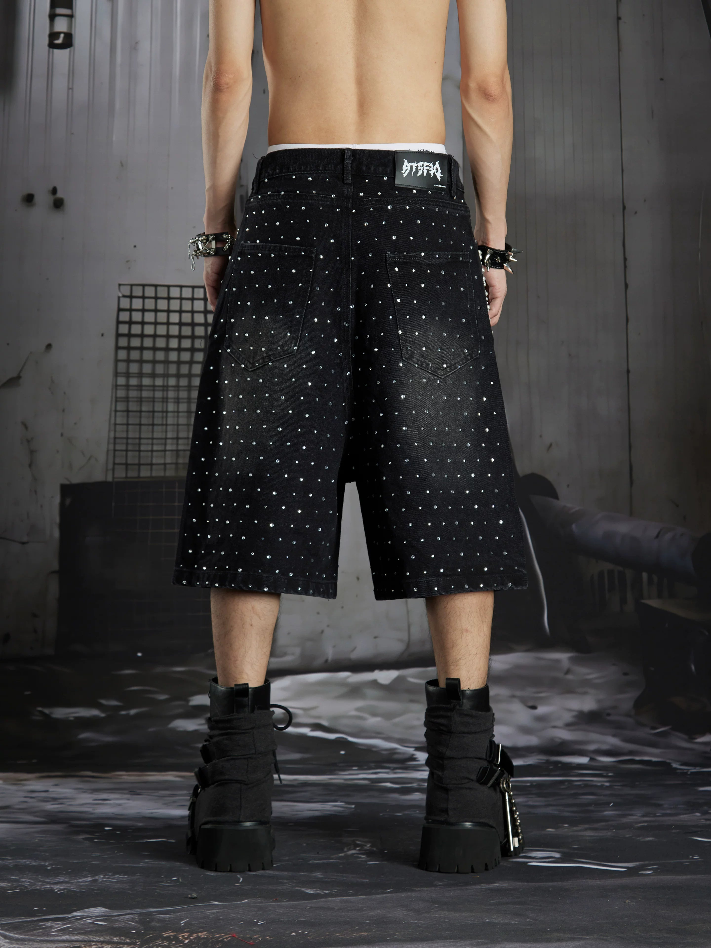 Distressed Studded Denim Cropped Shorts