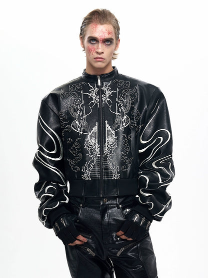 【25s Sep.】Cropped Stand Collar Biker Jacket with Embroidery