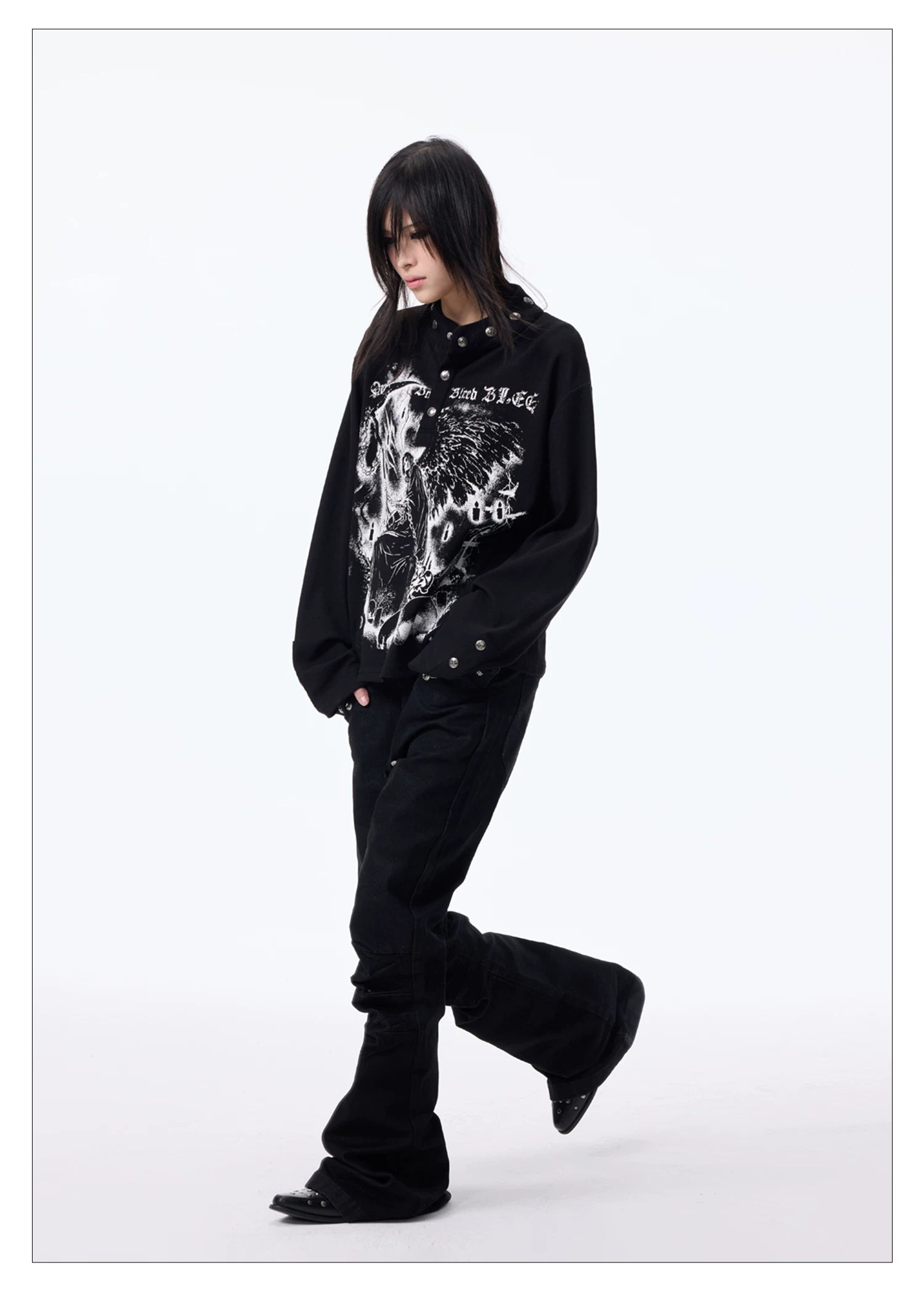 Dark Graphic Button Long Sleeve Tee