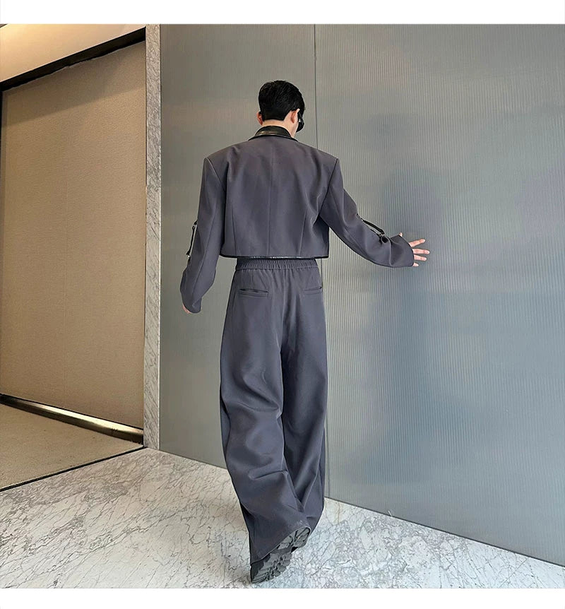 【26s Apr.】Color-Block Faux Leather Blazer & Wide-Leg Pants Set
