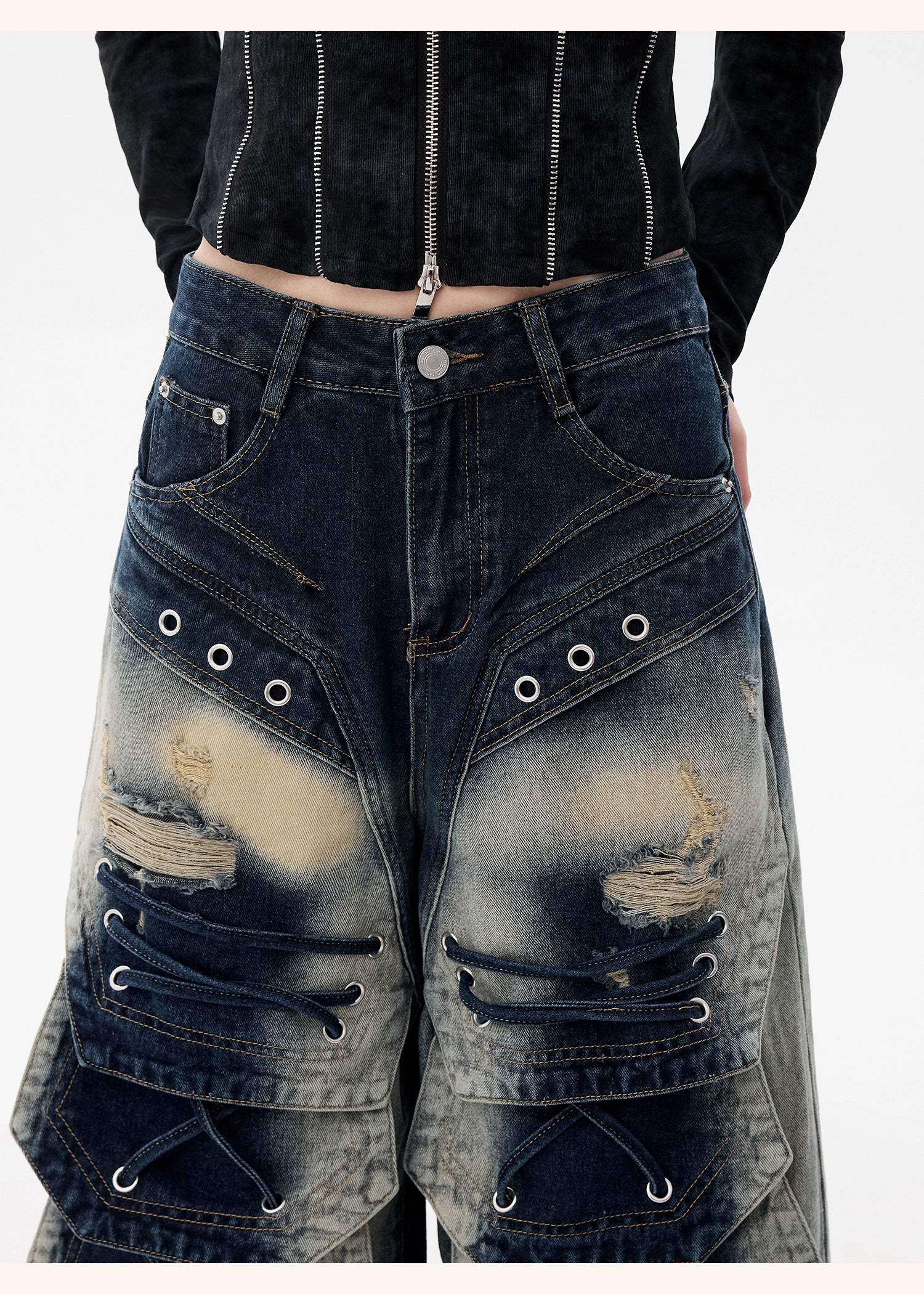 【25s Dec.】Distressed Patchwork Punk Wasteland Style Jeans