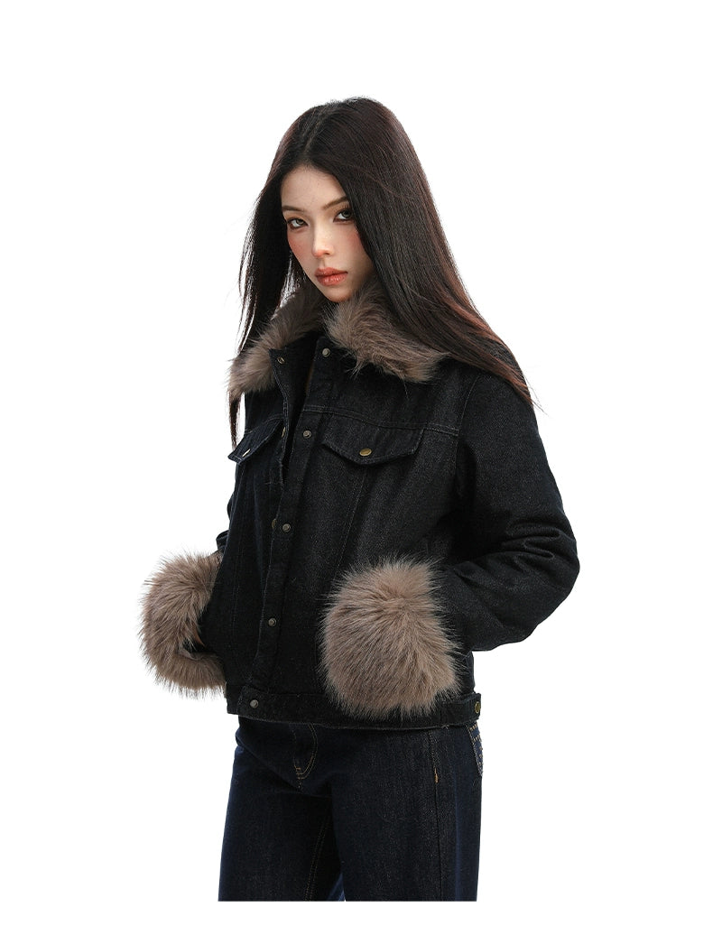 【25s Dec.】Fur-trimmed Denim Cotton Jacket