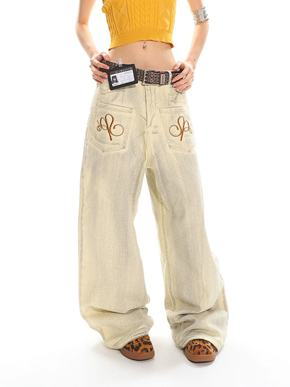 【25s May.】Grunge Wash Embroidered Wide Leg Jeans