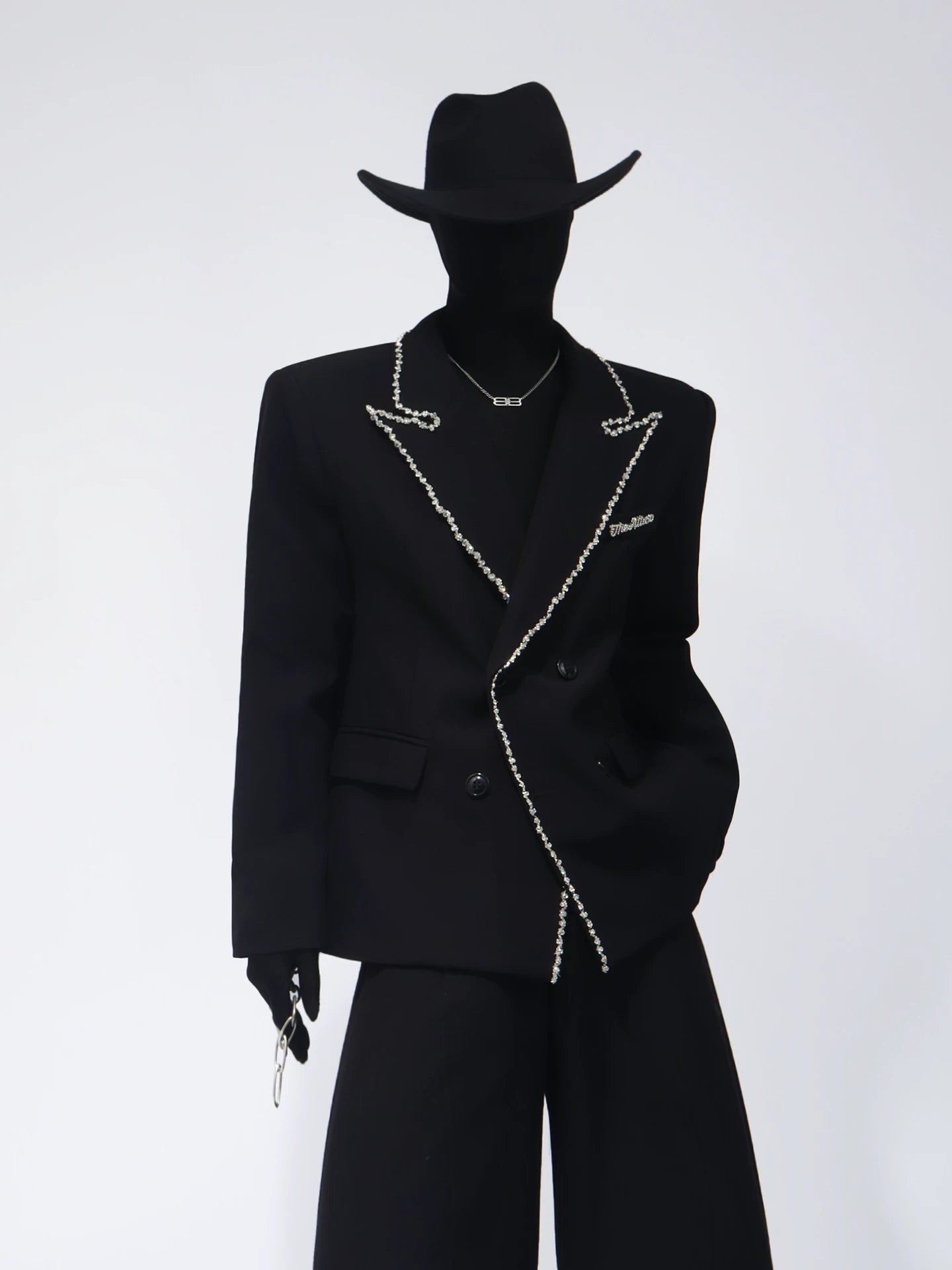 【26s Apr.】Crystal Embellished Padded Shoulder Blazer