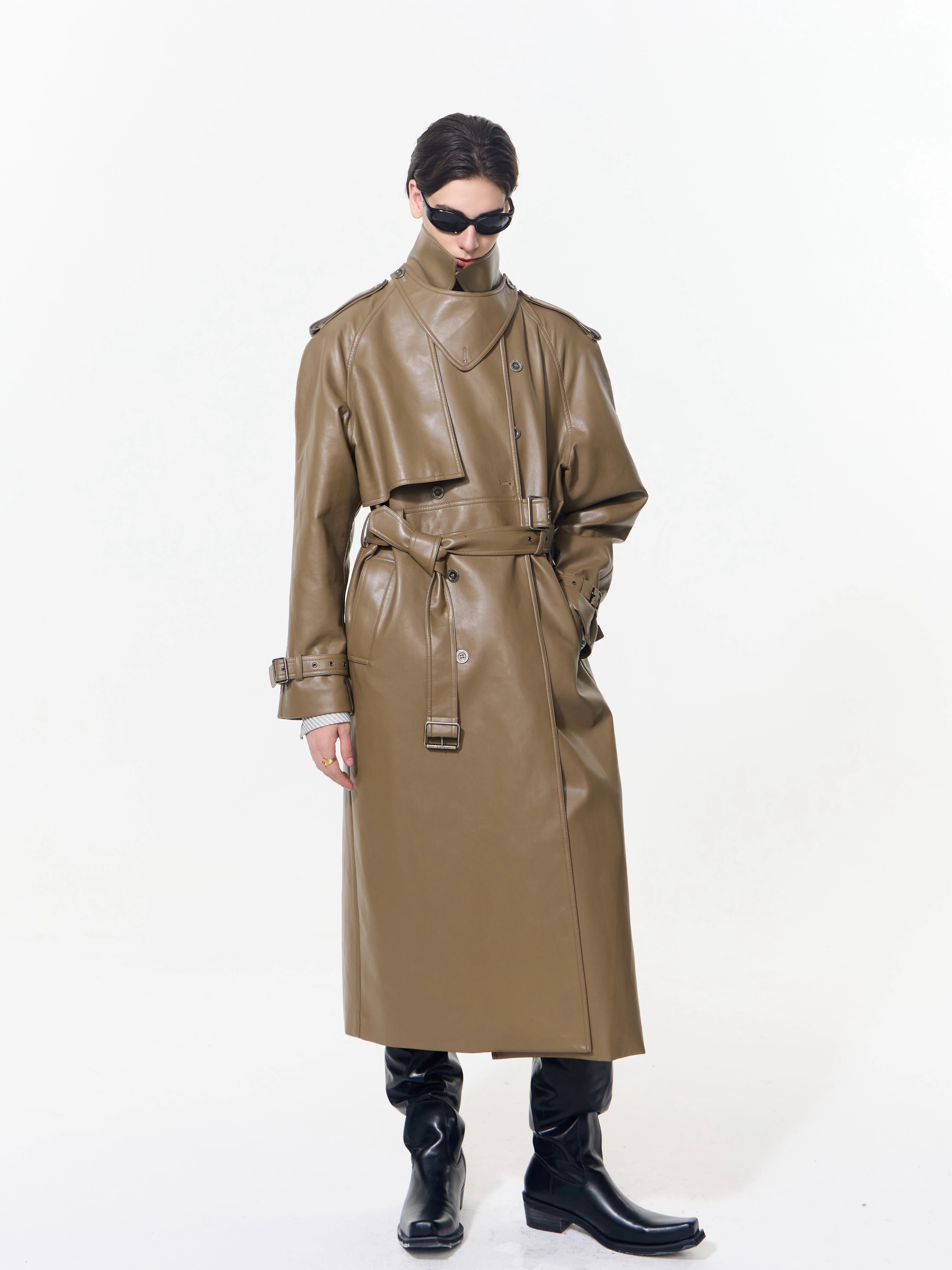 【26s May】Deconstructed PU Leather Double-Breasted Trench Coat