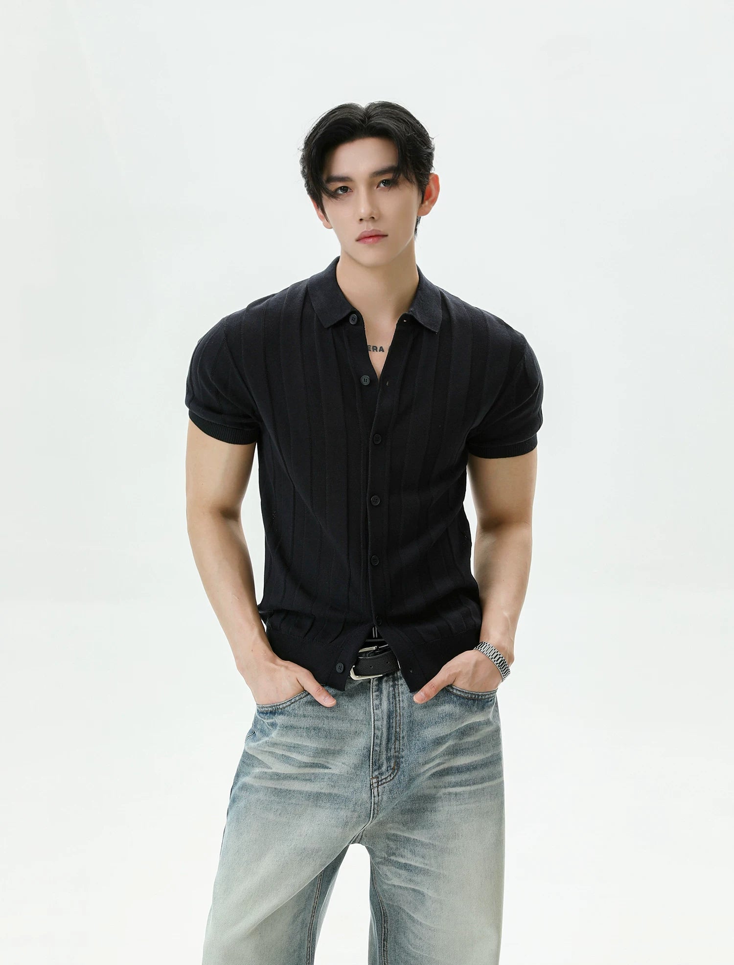 Ribbed Lyocell Knit Polo Cardigan