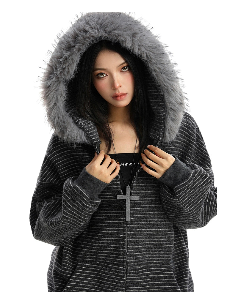 【25s Nov.】Striped Detachable Fur Collar Hooded Sweatshirt