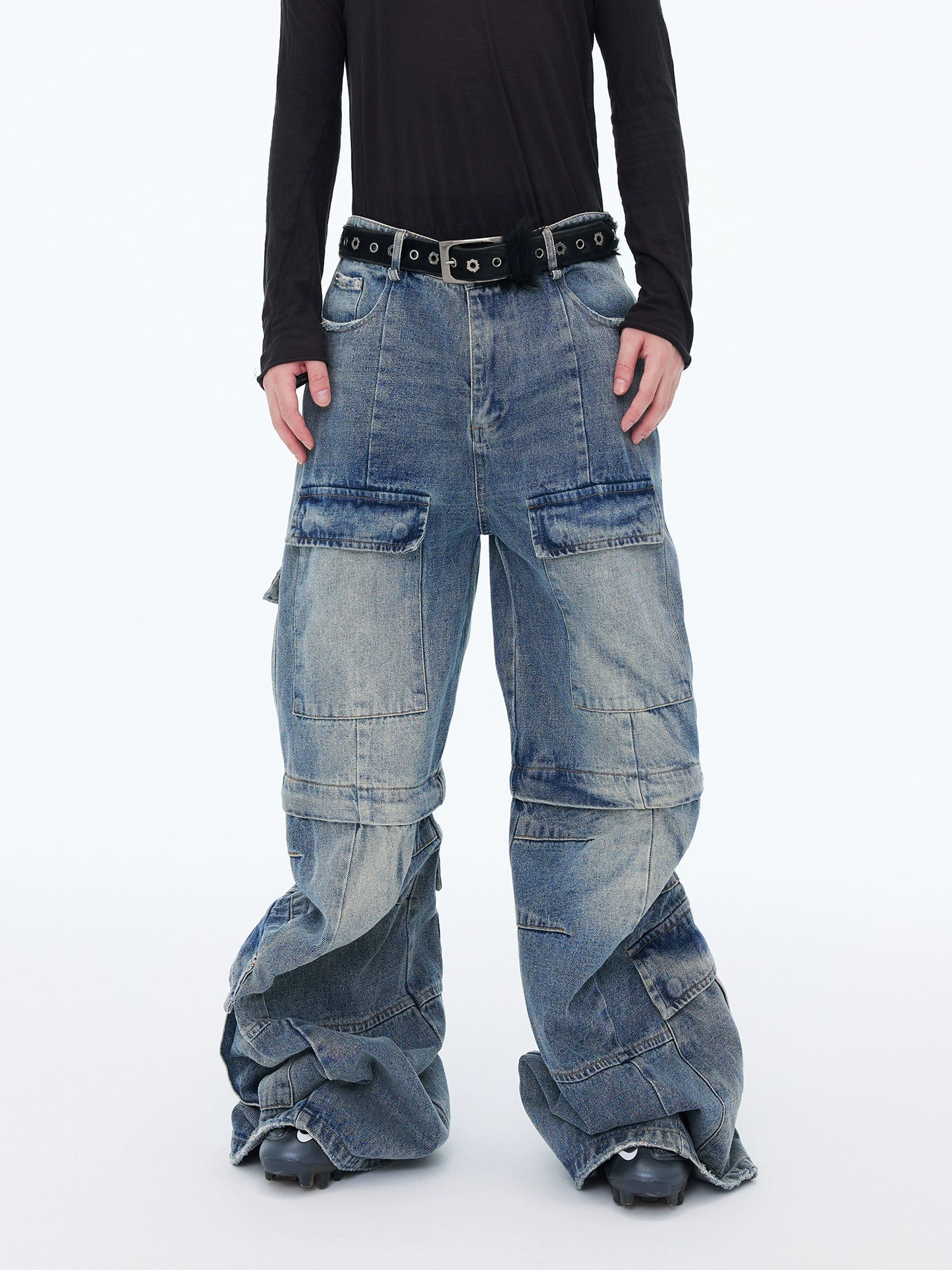 【25s Aug.】Washed Detachable Multi-Pocket Wide-Leg Jeans