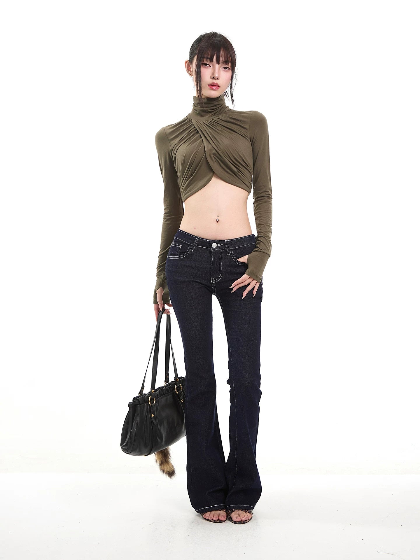 【26s Feb.】Army Green High-Neck Ruched Slim Cropped Top