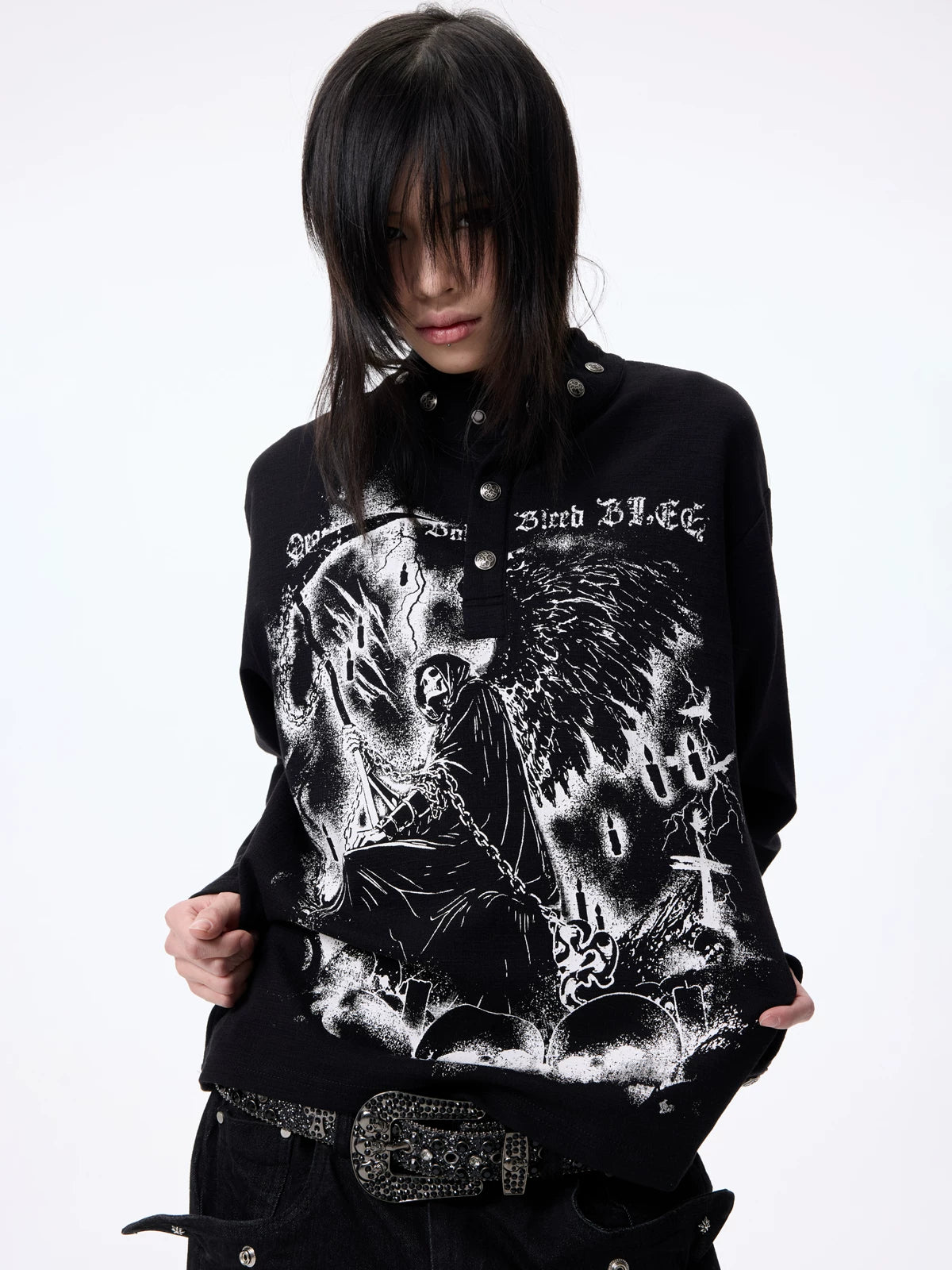 Dark Graphic Button Long Sleeve Tee