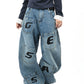 【25s Aug.】Letter Embroidered Washed Curved-Cut Jeans