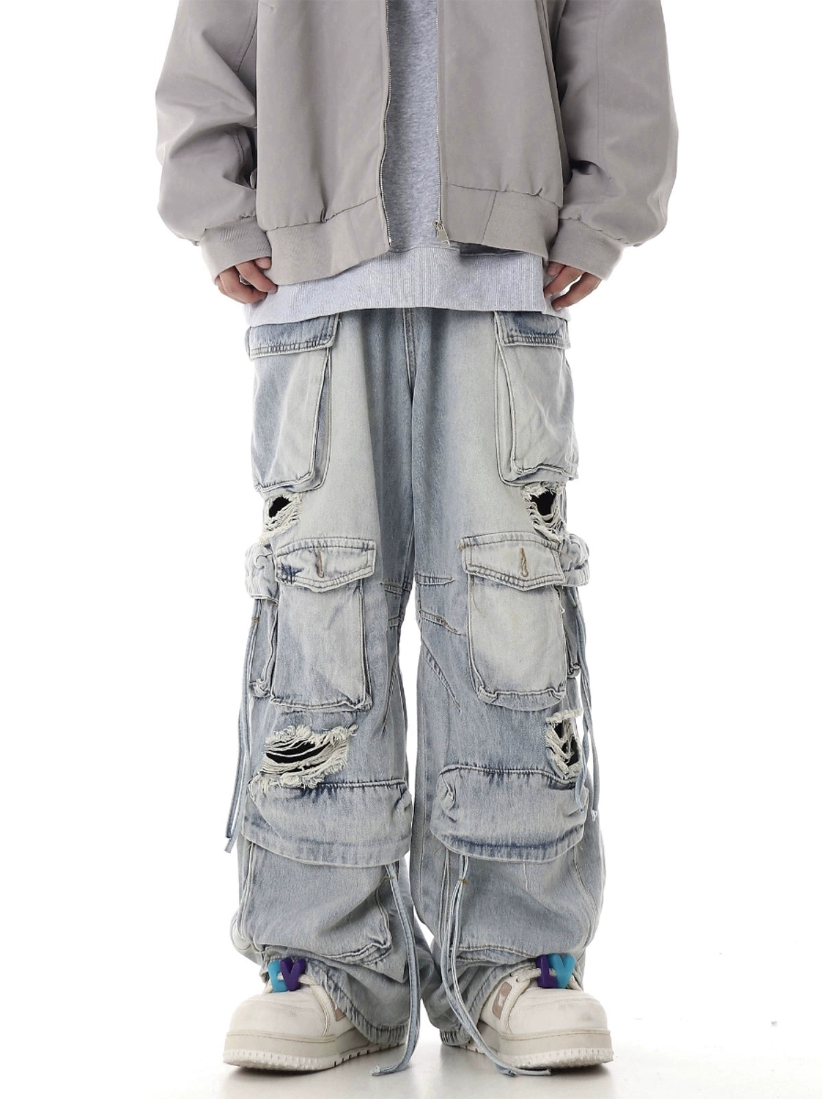 【25s Jul.】Heavy Washed Ripped Multi-pocket Jeans