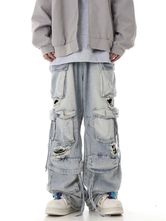 【25s Jul.】Heavy Washed Ripped Multi-pocket Jeans