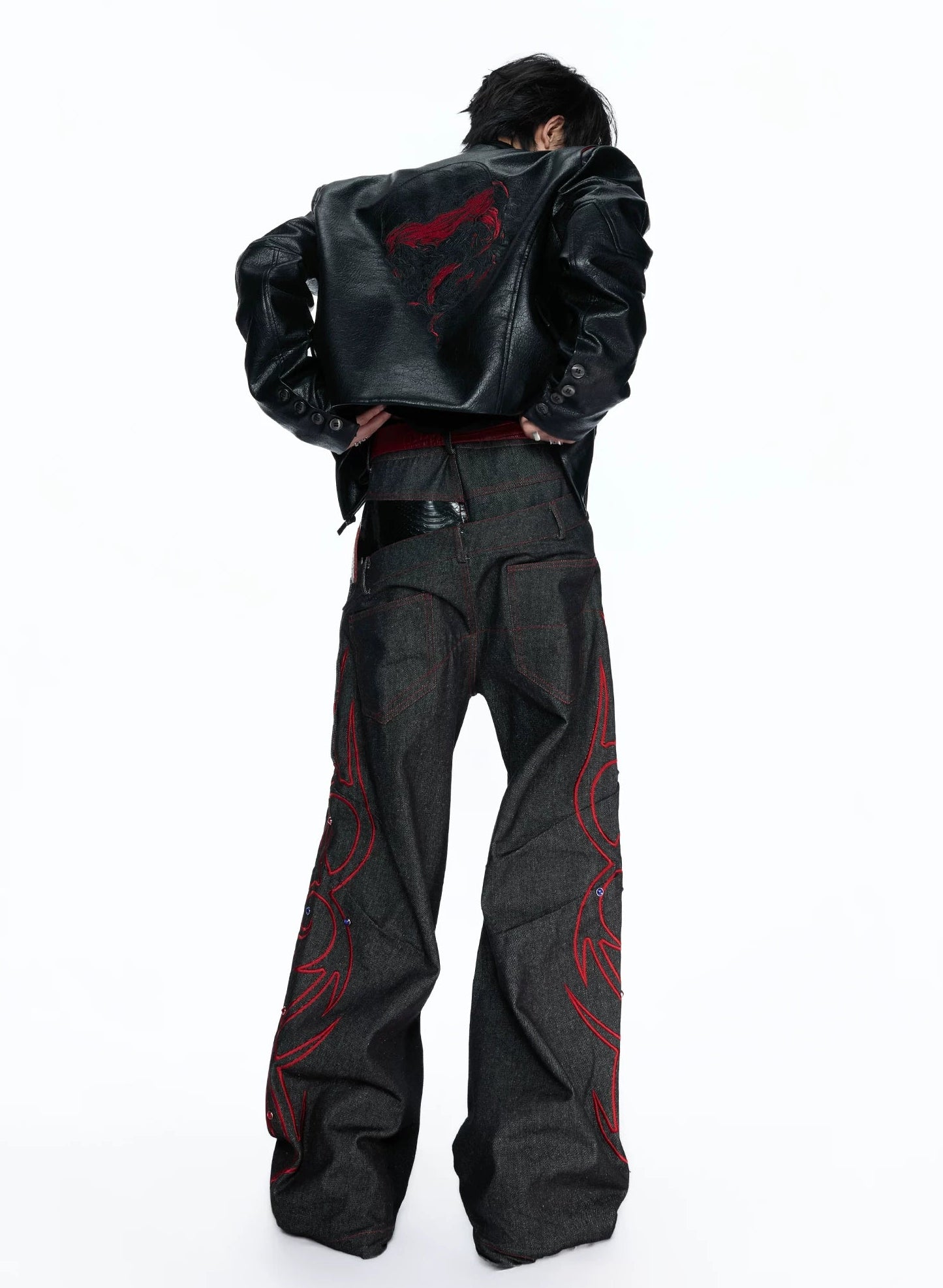 Black Red Raw Denim Embellished Jeans