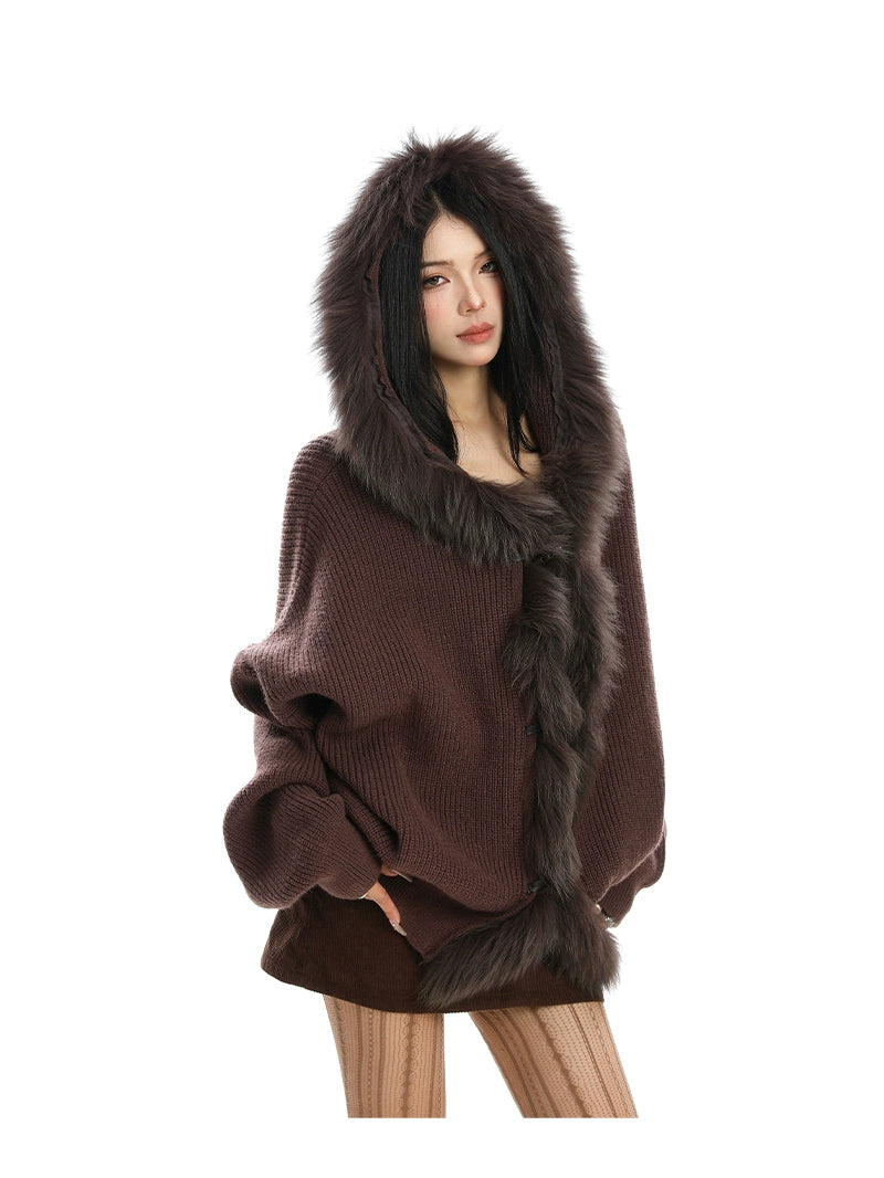 【25s Nov.】Large Fur Collar Patchwork Hooded Knit Sweater